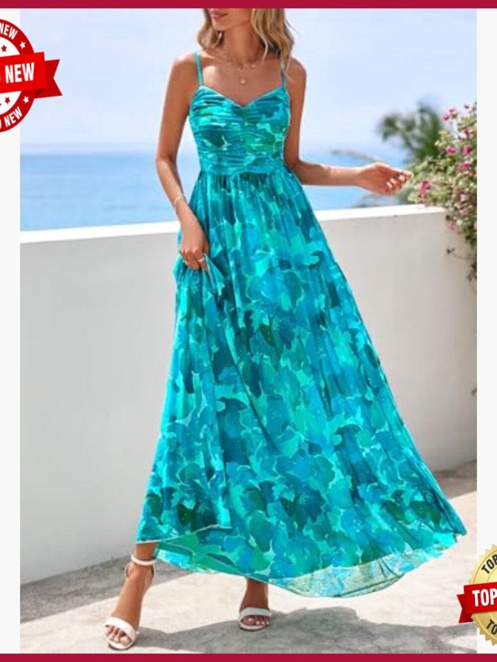 Summer Maxi Dress Spaghetti Strap V-Neck Mesh Boho Sundress - Picture 5 of 7